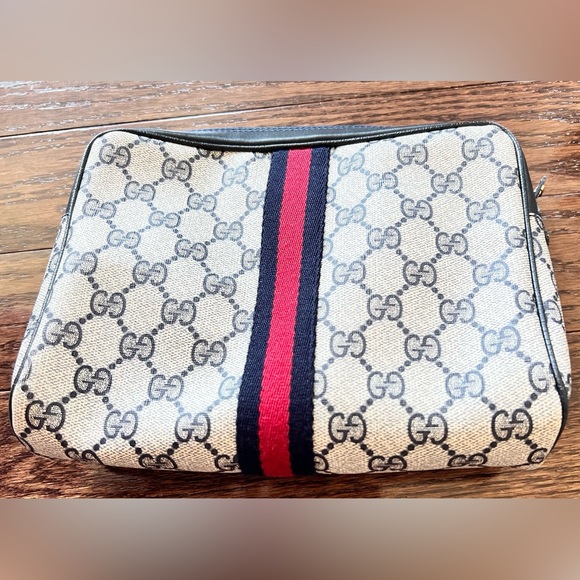 Authentic GUCCI GG Canvas Sherry Line Clutch Bag Gray Red Navy 010 378 - Picture 2 of 13